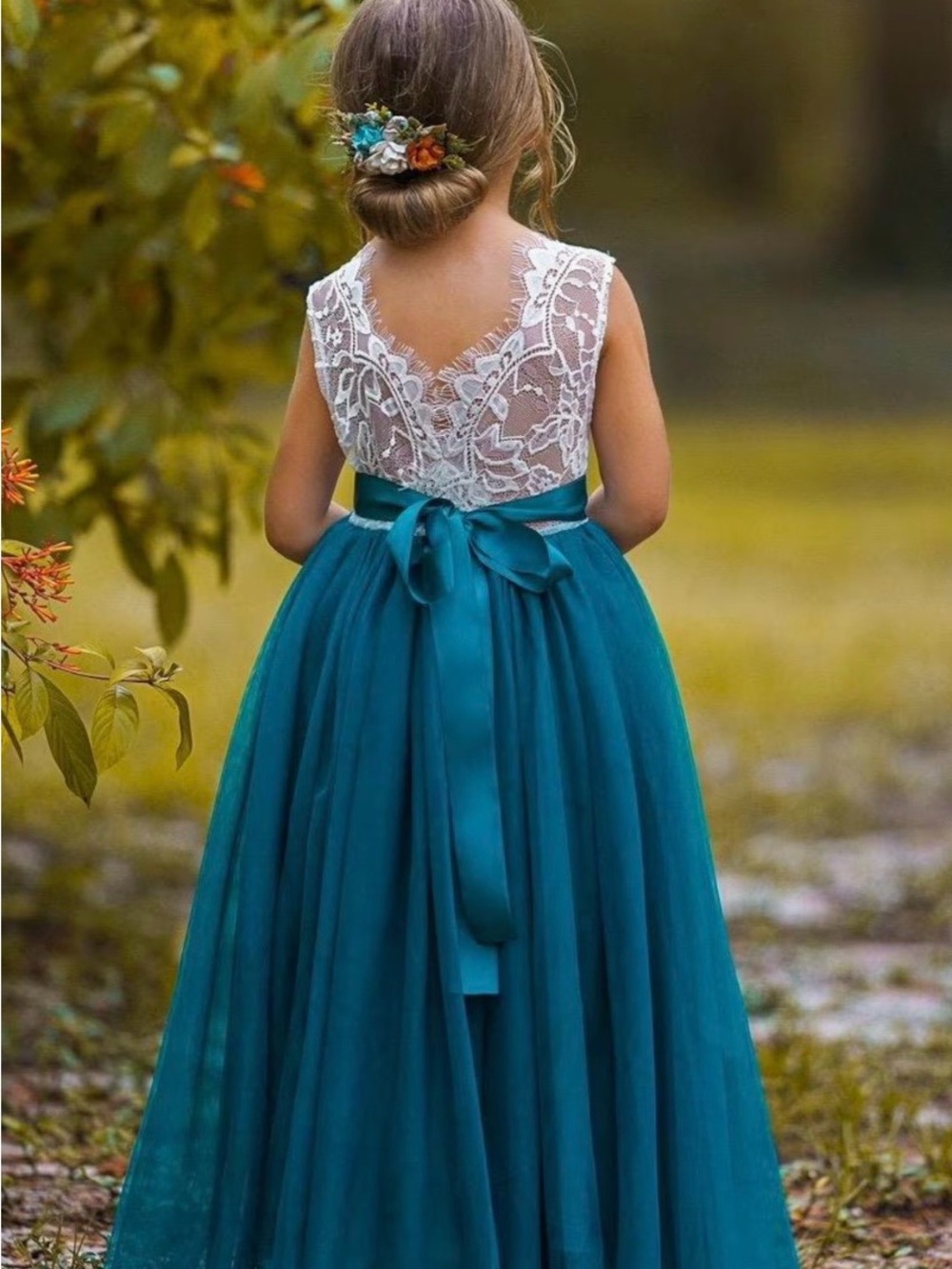 Flower Girl Teal Lace Bodice Tulle Dress with Plain Ribbon Sash